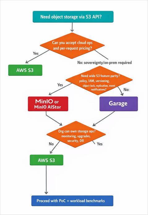 minio vs garage vs s3 selection flowchart