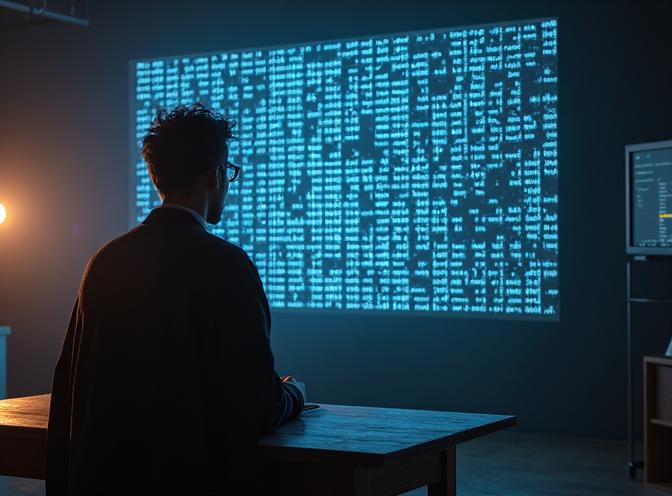 homme avec un grand écran affichant des données incompréhensibles