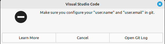 vs code git error message about configure git username
