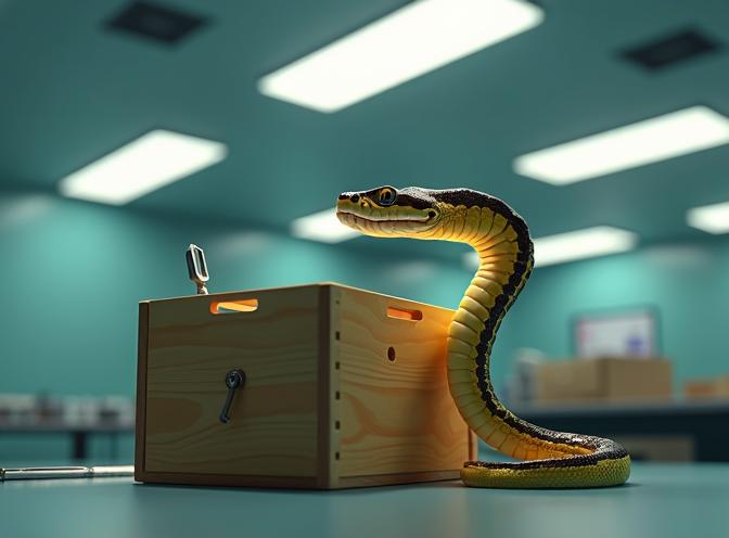 Uma python tentando abrir uma caixa de madeira.