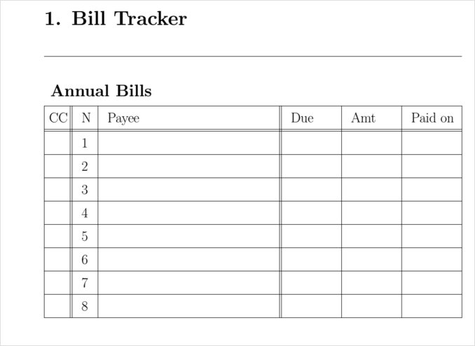 Annual bills section for planner Annual bills section