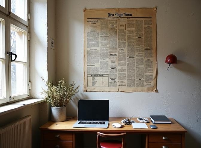 newspaper on the wall and table with the laptop newspaper on the wall and table with the laptop
