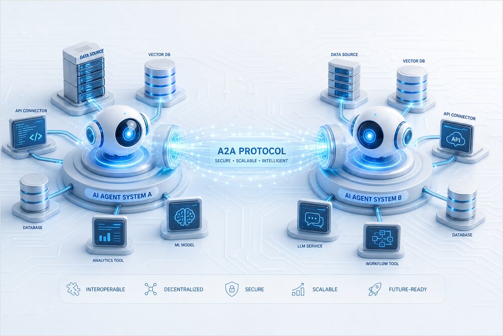 Two AI agent systems connected by the A2A protocol bridge Two AI agent systems connected by the A2A protocol bridge