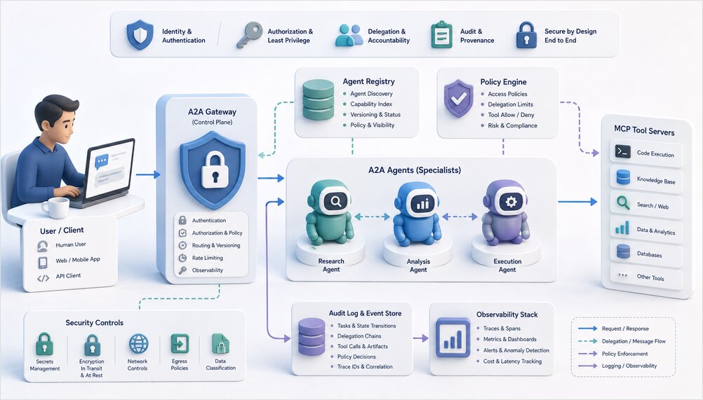 A2A and MCP agent security architecture with identity, gateway, and audit layers