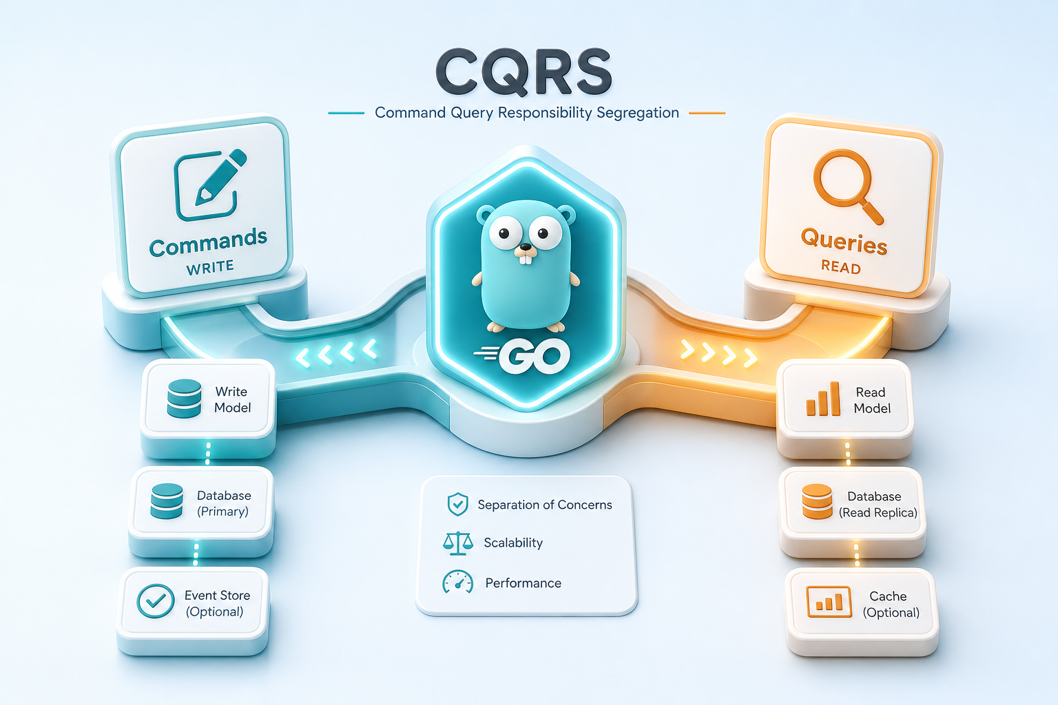 CQRS en Go : séparer les commandes et les requêtes CQRS en Go — commandes et requêtes comme des chemins séparés à travers un hub de gopher Go