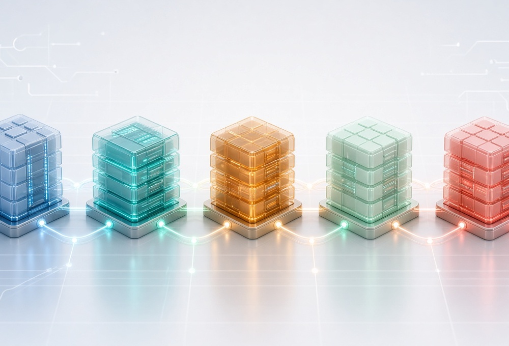 five 3D glass blocks connected by glowing lines, one per Go HTTP stack