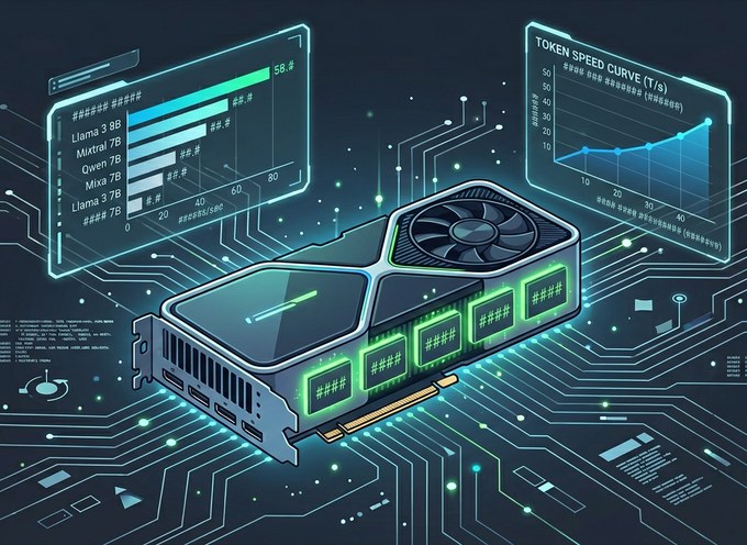 Stylized GPU with VRAM blocks and benchmark-style charts