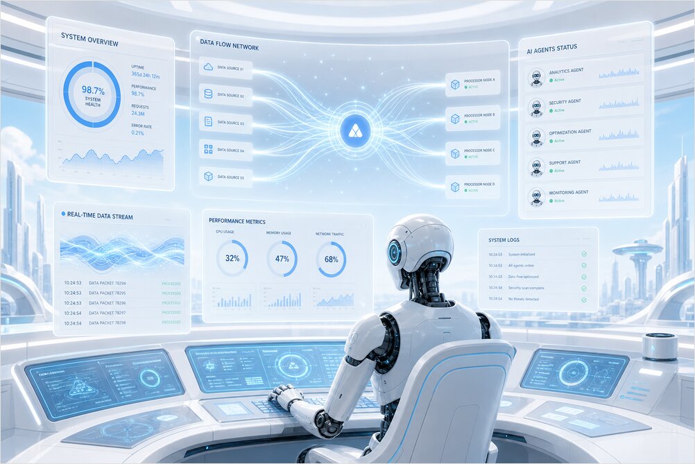 AI agent monitoring data streams at a futuristic control console