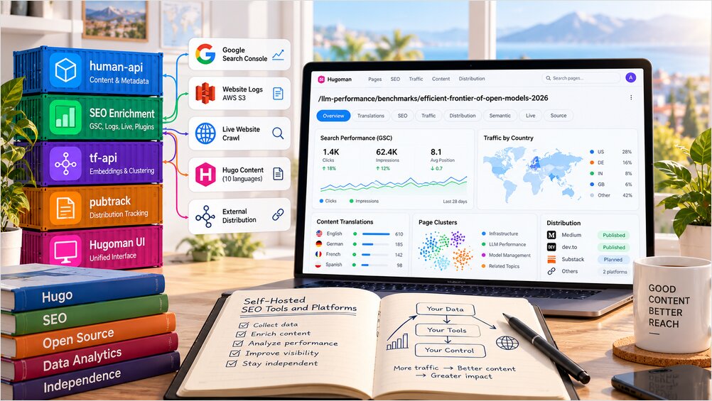 Self-hosted SEO stack: a site crawler, Search Console data, and a local LLM feeding one dashboard