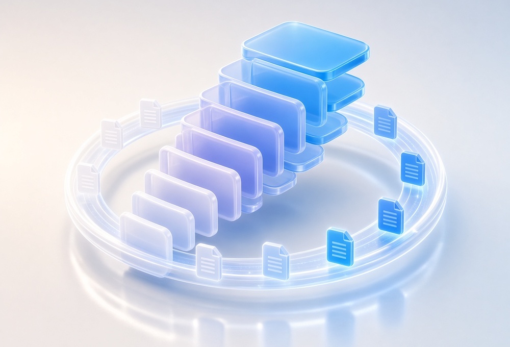 A self-reinforcing memory loop: a small inference grows stronger each time it is retrieved and rewritten Glowing translucent stack of memory tiles spiraling into a loop, each tile larger than the last