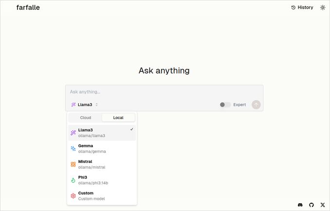 Farfalle home page with models selection dropdown Farfalle home page
