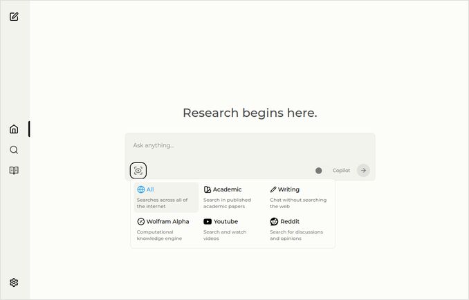 Perplexica home page with sources select dropdown Perplexica home page