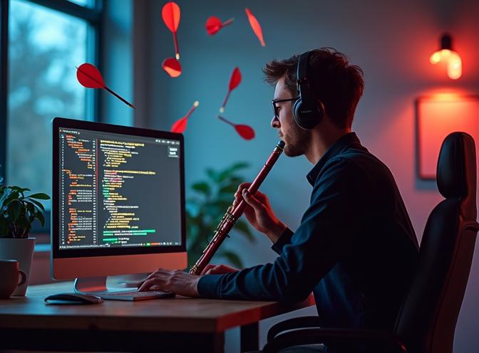 developer playing flute and darts