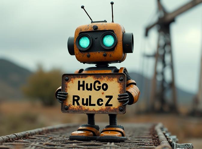 a robot holding a sign Hugo Rulez
