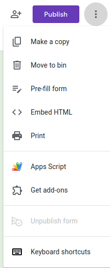 Google forms context menu