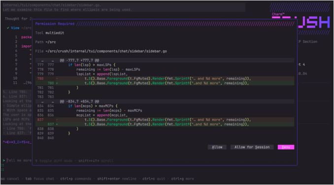 Crush UI - BubbleTea 프레임워크를 사용하여 구현됨