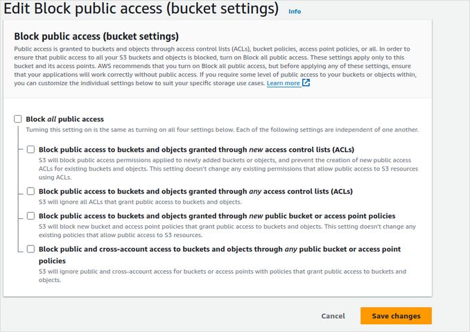 Block public access - off 2